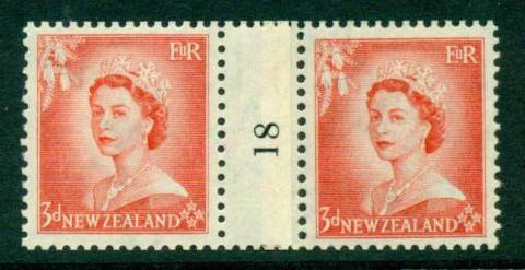 New Zealand 1954 QEII 3d Vermillion Coil Join Pair #18  Upwards