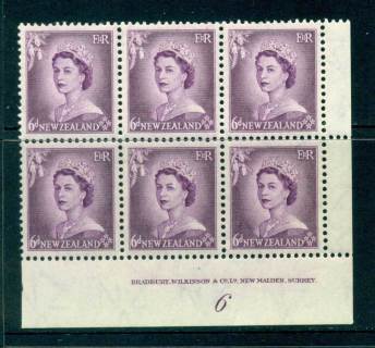 New Zealand 1954 QEII 6d Purple Plate 6 Block 6