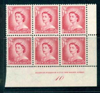 New Zealand 1954 QEII 8d Rose Carmine Plate 10 Block 6