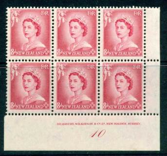 New Zealand 1954 QEII 8d Rose Carmine Plate 10 Block 6