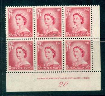 New Zealand 1954 QEII 8d Rose Carmine Plate 20 Block 6