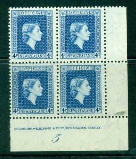 New Zealand 1954 QEII Official 4d Blue Plate 5 Block 4