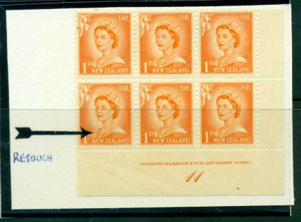 New Zealand 1956 QEII Redrawn 1d Orange Plate 11 Block 6 (Retouch)