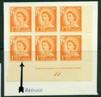 New Zealand 1956 QEII Redrawn 1d Orange Plate 11 Block 6 (Retouch)