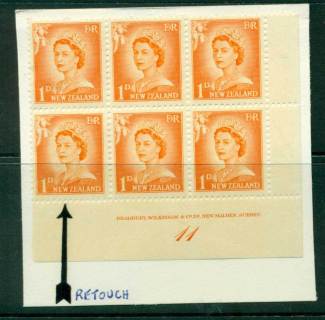 New Zealand 1956 QEII Redrawn 1d Orange Plate 11 Block 6 (Retouch)