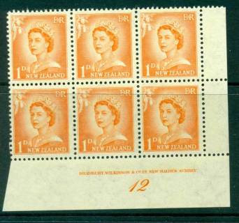 New Zealand 1956 QEII Redrawn 1d Orange Plate 12 Block 6