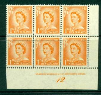 New Zealand 1956 QEII Redrawn 1d Orange Plate 12 Block 6