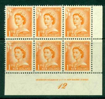 New Zealand 1956 QEII Redrawn 1d Orange Plate 12 Block 6