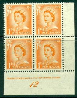 New Zealand 1956 QEII Redrawn 1d Orange Plate 12 Block 4