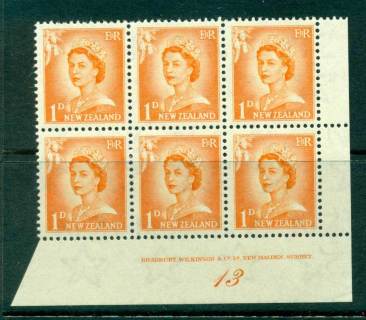 New Zealand 1956 QEII Redrawn 1d Orange Plate 13 Block 6