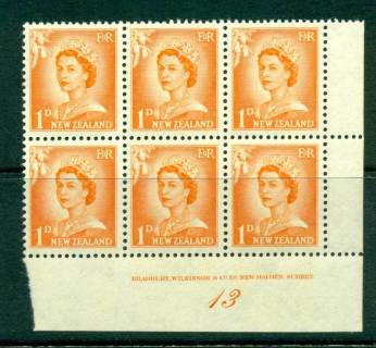 New Zealand 1956 QEII Redrawn 1d Orange Plate 13 Block 6