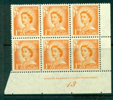 New Zealand 1956 QEII Redrawn 1d Orange Plate 13 Block 6