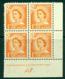 New Zealand 1956 QEII Redrawn 1d Orange Plate 13 Block 4