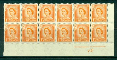 New Zealand 1956 QEII Redrawn 1d Orange Plate 13 Block 12