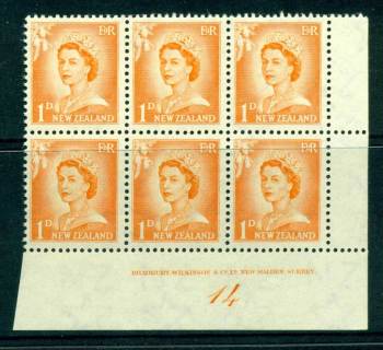 New Zealand 1956 QEII Redrawn 1d Orange Plate 14 Block 6