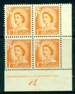 New Zealand 1956 QEII Redrawn 1d Orange Plate 14 Block 4