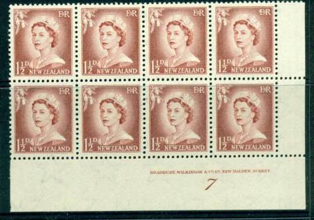 New Zealand 1956 QEII Redrawn 1½d Lake Brown Plate 7 Block 8