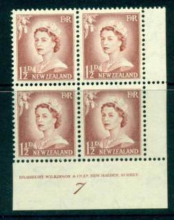 New Zealand 1956 QEII Redrawn 1½d Lake Brown Plate 7 Block 4