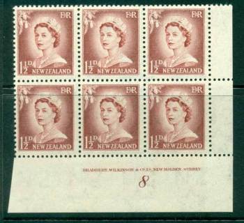 New Zealand 1956 QEII Redrawn 1½d Lake Brown Plate 8 Block 6