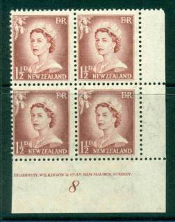 New Zealand 1956 QEII Redrawn 1½d Lake Brown Plate 8 Block 4