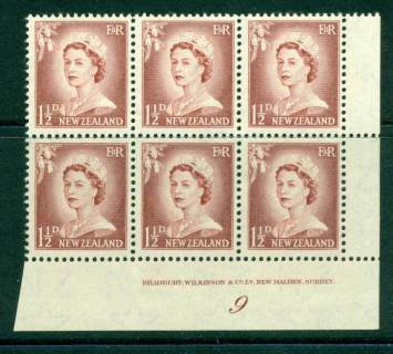 New Zealand 1956 QEII Redrawn 1½d Lake Brown Plate 9 Block 6