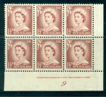 New Zealand 1956 QEII Redrawn 1½d Lake Brown Plate 9 Block 6