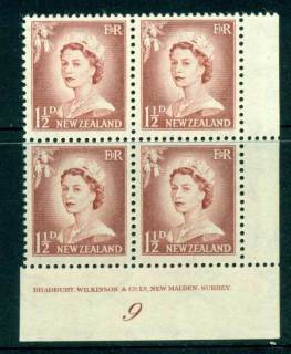 New Zealand 1956 QEII Redrawn 1½d Lake Brown Plate 9 Block 4