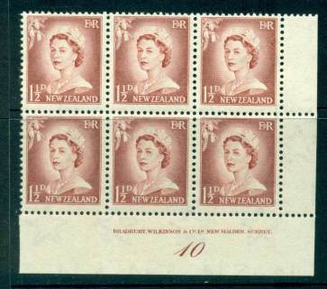 New Zealand 1956 QEII Redrawn 1½d Lake Brown Plate 10 Block 6