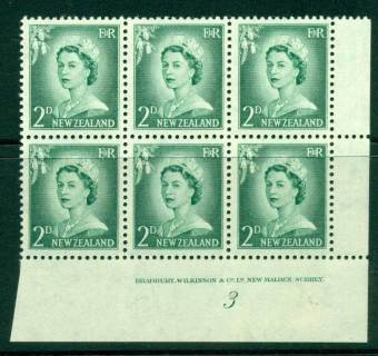 New Zealand 1956 QEII Redrawn 2d Myrtle Green Plate 3 (No Stop) Block 6