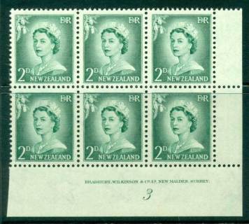 New Zealand 1956 QEII Redrawn 2d Myrtle Green Plate 3 (No Stop) Block 6