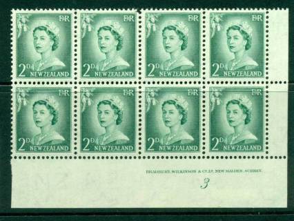 New Zealand 1956 QEII Redrawn 2d Myrtle Green Plate 3 (No Stop) Block 8