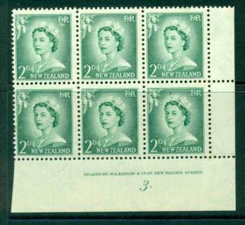 New Zealand 1956 QEII Redrawn 2d Myrtle Green Plate 3 (With Stop) Block 6