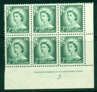 New Zealand 1956 QEII Redrawn 2d Myrtle Green Plate 3 (With Stop) Block 6