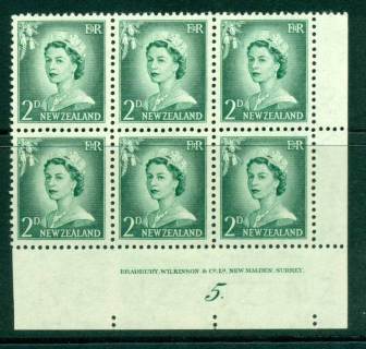 New Zealand 1956 QEII Redrawn 2d Myrtle Green Plate 5 (With Stop) Block 6