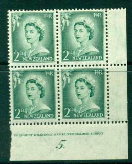 New Zealand 1956 QEII Redrawn 2d Myrtle Green Plate 5 (With Stop) Block 4