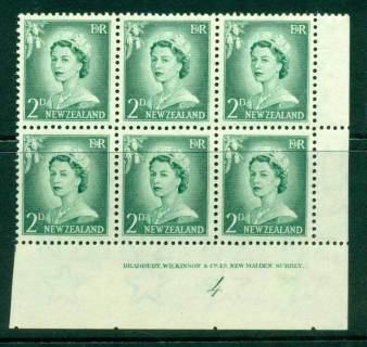 New Zealand 1956 QEII Redrawn 2d Myrtle Green Plate 4 Block 6