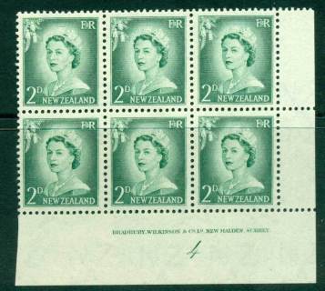 New Zealand 1956 QEII Redrawn 2d Myrtle Green Plate 4 Block 6