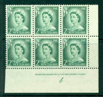 New Zealand 1956 QEII Redrawn 2d Myrtle Green Plate 4 Block 6