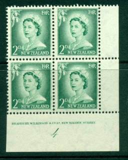 New Zealand 1956 QEII Redrawn 2d Myrtle Green Plate 4 Block 4