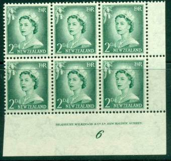 New Zealand 1956 QEII Redrawn 2d Myrtle Green Plate 6 Block 6