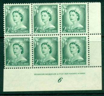 New Zealand 1956 QEII Redrawn 2d Myrtle Green Plate 6 Block 6