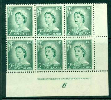 New Zealand 1956 QEII Redrawn 2d Myrtle Green Plate 6 Block 6