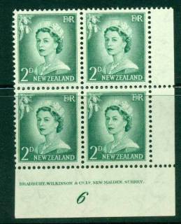 New Zealand 1956 QEII Redrawn 2d Myrtle Green Plate 6 Block 4