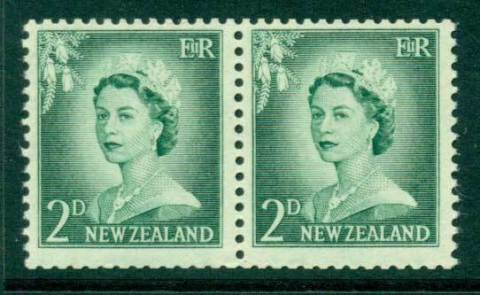 New Zealand 1956 QEII Redrawn 2d Myrtle Green Coil pair