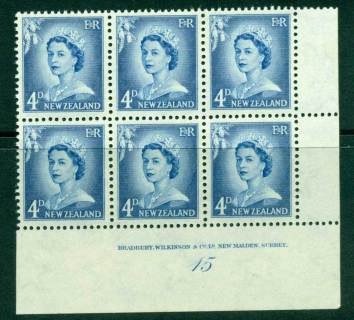 New Zealand 1958 QEII Redrawn 4d Ultramarine Plate 15 Block 6