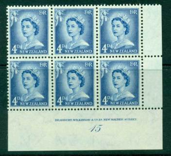 New Zealand 1958 QEII Redrawn 4d Ultramarine Plate 15 Block 6