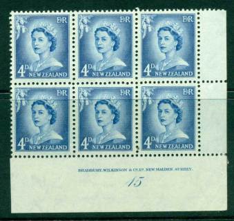 New Zealand 1958 QEII Redrawn 4d Ultramarine Plate 15 Block 6