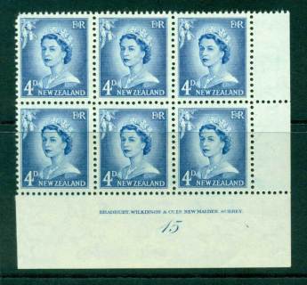 New Zealand 1958 QEII Redrawn 4d Ultramarine Plate 15 Block 6