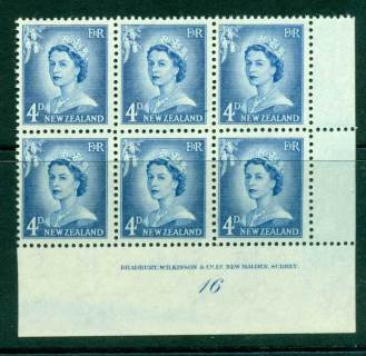 New Zealand 1958 QEII Redrawn 4d Ultramarine Plate 16 Block 6