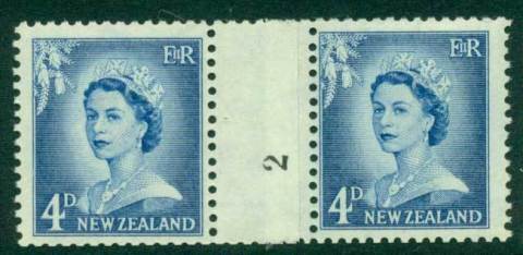 New Zealand 1958 QEII Redrawn 4d Ultramarine Coil Join #2 Upwards